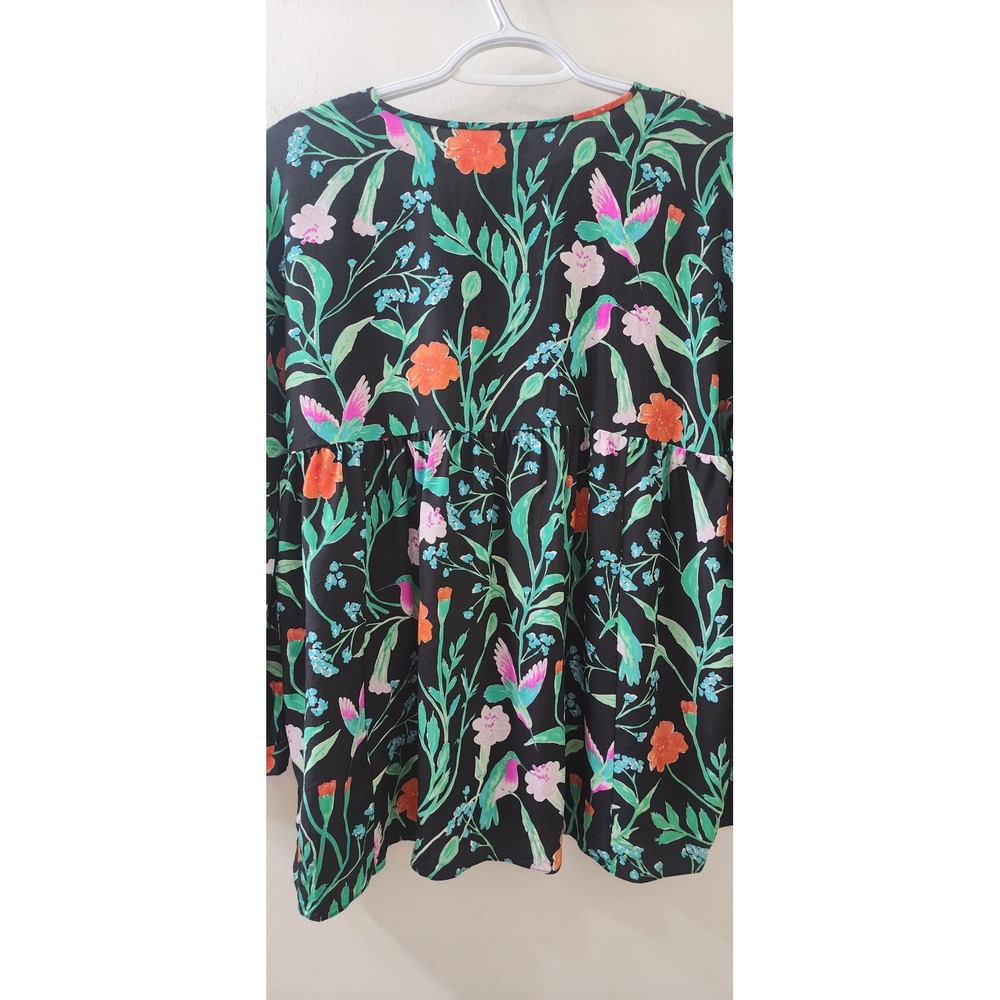 Kate Spade Silk Floral Bird Blouse Black Crochet Trim NJMU7761 Womens Medium - Picture 11 of 12